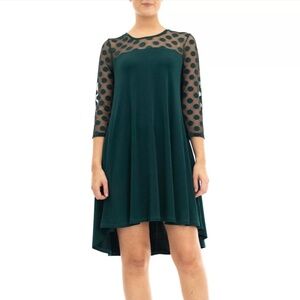 Nina Leonard 3/4 Sleeve Trapeze Dress With Dot Illusion Yoke